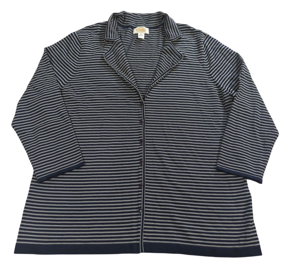 Talbots Jacket XL Navy White Stripe Zip Front Long Sleeve Lightweight Cardigan